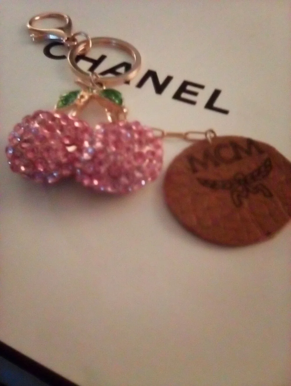 MCM Brown Leather Logo Disk With Pink Crystal Cherry Keychain Designer Bag Charm - Picture 4 of 11